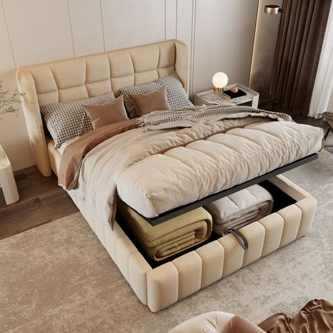 Lit coffre 140x200 cm - Lit double rembourré 140x200 en lin beige avec sommier hydraulique et tête de lit élargie - Beige (1/5)