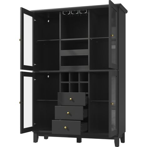 Buffet de rangement noir et blanc avec LED RGB contrôlée par appli, 180,5x120x40 cm, 3 tiroirs, supports à verres et bouteilles (1/5)