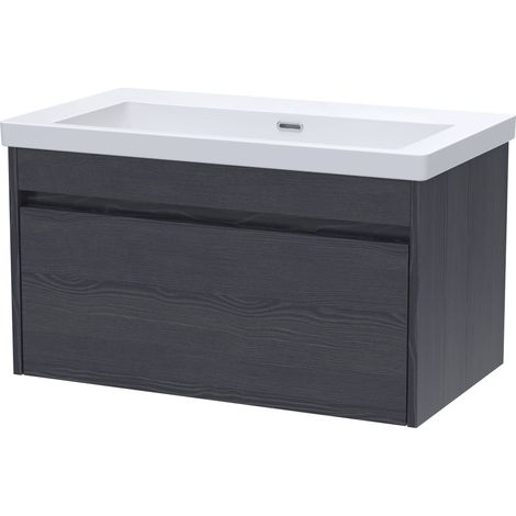 Swainsley Contemporary Wall Hung 1 Drawer Vanity Unit with 0 Tap Hole Fireclay Basin, 800mm, Graphite Grey Woodgrain