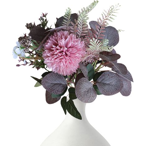 (Strauß aus rosa und violetten Chrysanthemen) Künstliches Blumenarrangement aus Chrysanthemen und Eukalyptusblättern zur Dekoration des Wohn- und Esszimmers. (1/3)
