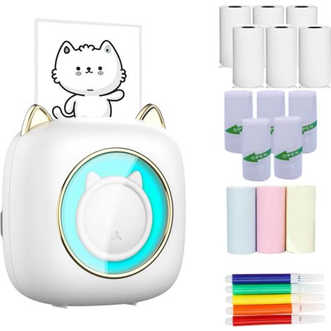 Imprimante thermique portable Bluetooth avec six rouleaux de papier thermique et cinq autocollants pour photos et étiquettes