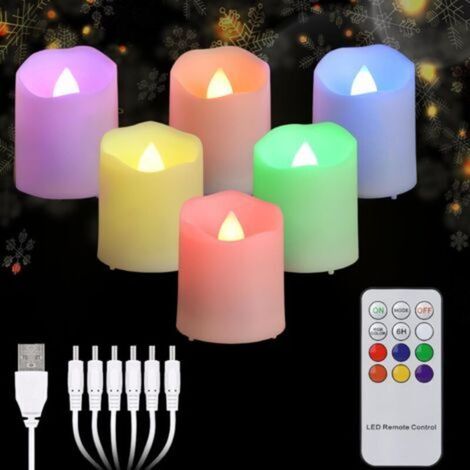Bougies chauffe-plat rechargeables sans flamme avec minuterie et télécommande, bougies décoratives de Noël LED à effet vacillant réaliste pour la maison, 6 pièces RGB couleurs (1/5)