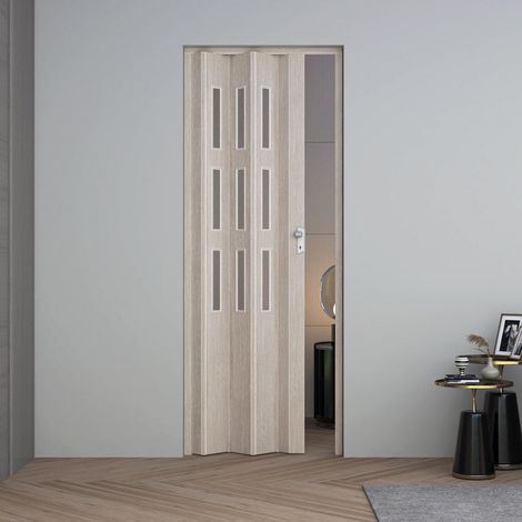 Porta a soffietto da interno in pvc 83x214 cm mod. Maya colore Legno Cedro con vetro Satinato