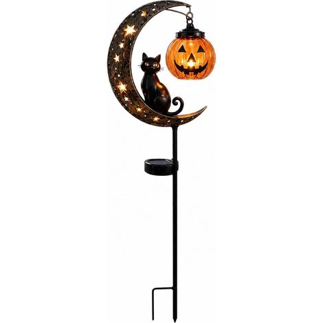 Lampe solaire à piquer pour jardin, motif chat noir et lune citrouille, en métal étanche, idéale pour Halloween. Décoration extérieure pour terrasse ou jardin. (1/5)