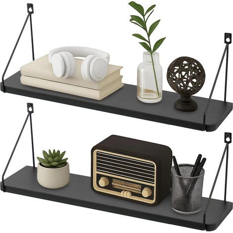 Trintion 2 Pcs Wall floating shelf wooden storage organizer suitable for home (Black, 58cm) (1/5)