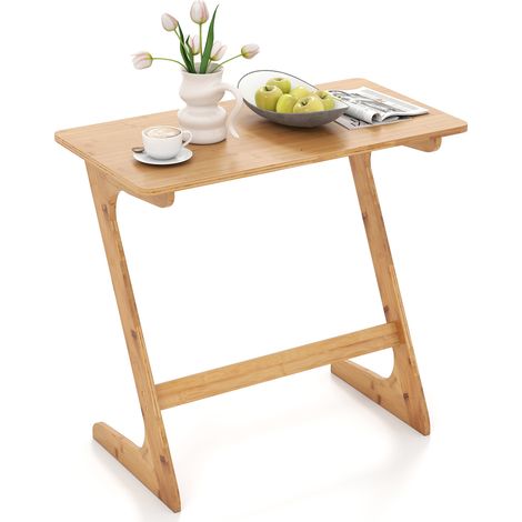 Table d'Appoint en Forme de Z, Bout de Canape en Bois de Bambou Massif avec Vernis Inodore, Petit Table de Nuit Bohème, Peu Encombrante, Naturel