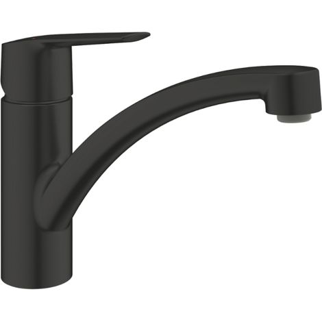 Grohe – Robinet de cuisine noir mat – Mitigeur monotrou sur plage – Bec bas pivotant 140° – Douchette extractible 2 jets – Conduit d'eau sans plomb