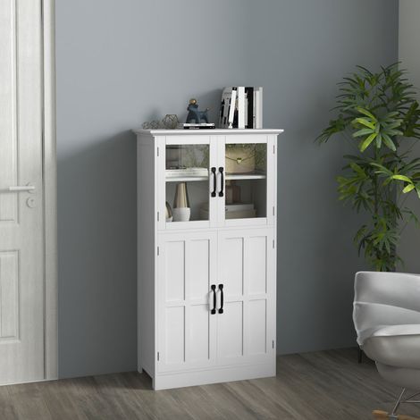Buffet de cuisine armoire multi-rangements 2 placards, portes en verre, 4 étagères en bois blanc (1/5)