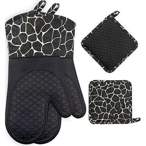 set De Quatre Gants De Cuisine Et Tapis De Pole En Noir, Gants De Cuisine Rsistant La Chaleur Jusqu' 260c Gants De Gril Antidrapants Doubls De Co (1/5)