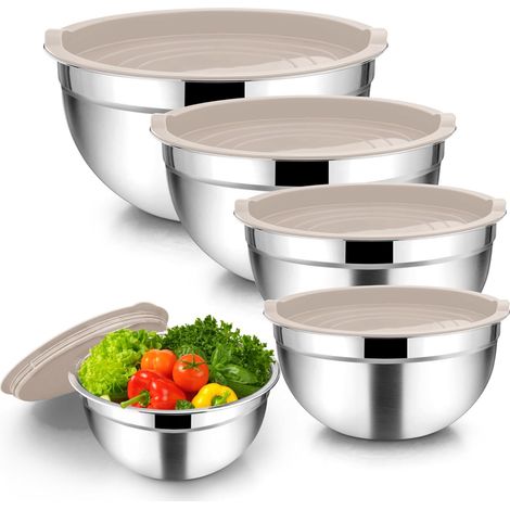 Lot de 5 saladiers en acier inoxydable avec couvercle hermétique pour cuisine, préparation, service, 4,5 l, 2,7 l, 1,5 l, 1,2 l, 0,7 l, kaki (1/5)