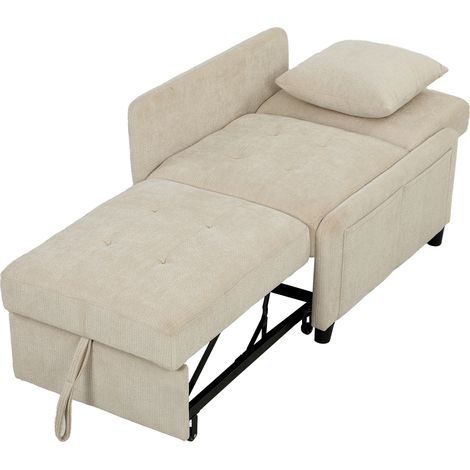 Fauteuil convertible 1 place, 4 en 1, mécanisme clic-clac, revêtement chenille, dossier réglable, assise large, beige (1/5)