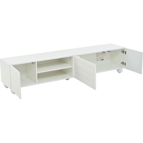 Meuble TV blanc 200x40x44 cm avec 3 portes imprimées et 5 pieds cylindriques, pour TV jusqu'à 80 pouces (1/5)