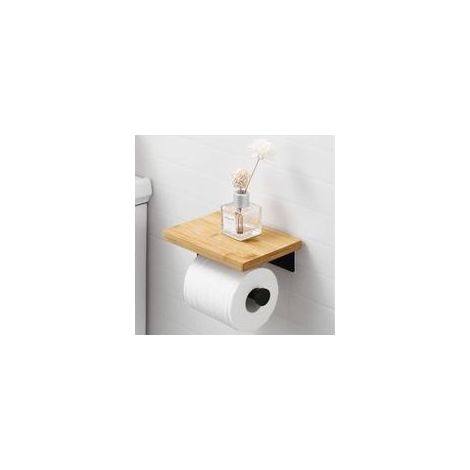 Soporte adhesivo negro para papel higiénico con estante de bambú, portarrollos, soporte de pared para papel higiénico sin necesidad de taladrar. (1/5)
