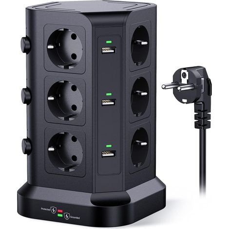 Tour multiprise parafoudre et surtension(4000W/16A), Multiprise Electrique avec 6 Ports USB et 12 Prises, multiprise avec et 3 Interrupteurs, 2M Cordon, Noir