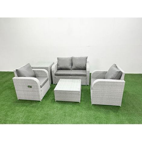Fimous Light Grey PE Wicker Rattan Garden Furniture Set Sofa Set Reclining Adjustable Chair Square Coffee Table 4 Seater With Side Table (1/4)