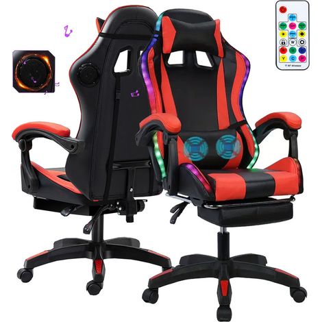 FIANAO – Fauteuil gaming simili cuir – Bluetooth, LED, dossier inclinable 90-135°, repose-pieds – 60 × 60 × 131 cm, noir et rouge (1/5)