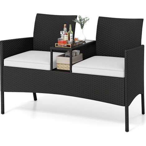 Salon de Jardin 2 Places avec Table Intégrée, Banc de Conversation en Rotin Plateau en Verre Trempé, pour Jardin, 62 x 124 x 84 CM, Blanc (1/5)