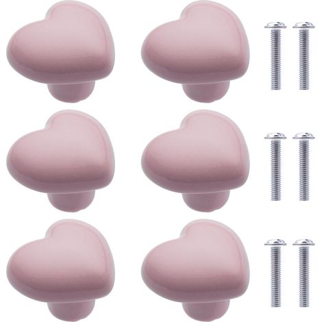 6Pcs Boutons de Placard en Céramique Boutons de Tiroir de Placard en Céramique en Forme de Cœur Poignées pour Armoires de Cuisine de Bibliothèque (Rose Clair)