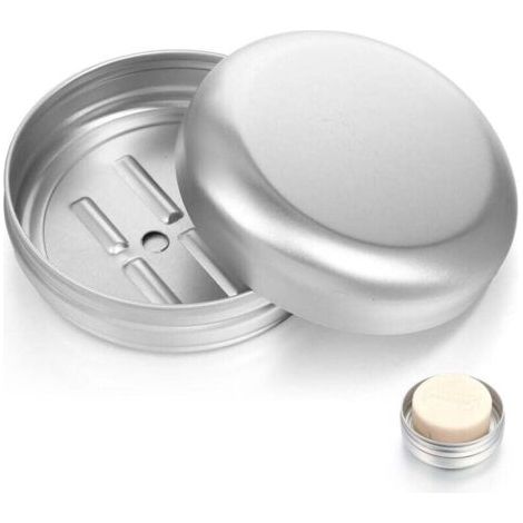 Lot de 2 boîtes à savon en aluminium étanches - Avec égouttoir - Pour la maison, les voyages, le camping (rond) (1/4)