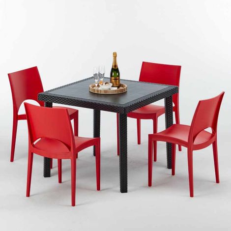 Schwarz Quadratisch Tisch und 4 Stühle Farbiges Polypropylen-Außenmastenset Grand Soleil Paris Passion - Rot