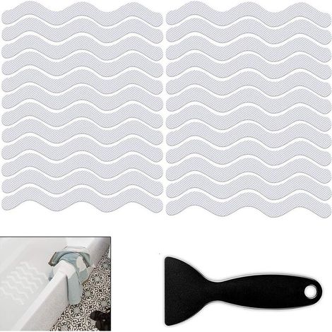 24 pegatinas antideslizantes, tiras adhesivas antideslizantes para bañera con rascador, pegatinas antideslizantes para ducha, bañera, ducha y escaleras, impermeables (transparentes). (1/4)