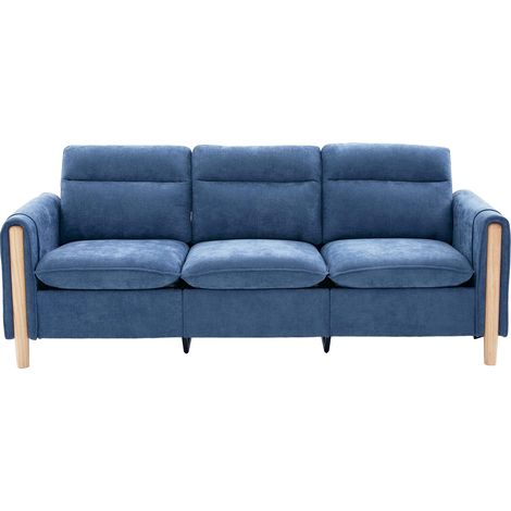 Canapé 3 places bleu en chenille, angle réversible avec pouf coffre, poches latérales et pieds en bois massif, 201 x 77 x 86 cm (1/5)