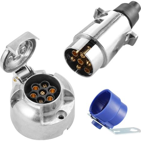 Prise Remorque 7 Broches Métal Et fiche Remorque 7 Broches Métal,12V Connecteur remorque 7 Broches Étanche pour Remorque Voiture, Porte-vélos,avec Support de fiche Remorque Bleu (1/5)