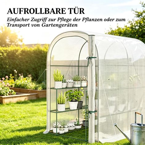 Caseta de jardín con estantes, 123 x 187 x 189 cm, pequeña caseta de jardín con puerta enrollable, tejido de alta densidad de 140 g/m², caseta de almacenamiento de jardín resistente a la intemperie pa (1/5)