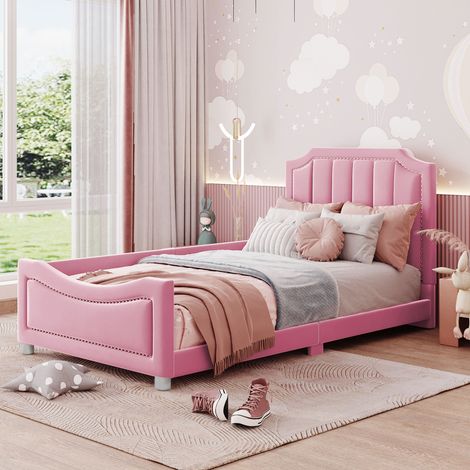Cama tapizada de flanela rosa 90x200 cm con somier de láminas, respaldo y reposabrazos (1/5)