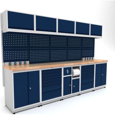Établi d'atelier industriel 3100 mm PRACO M T26 - Plateau en hêtre massif - Éclairage LED - Tiroirs et armoire MW Tools PRAM3100T26 (1/3)