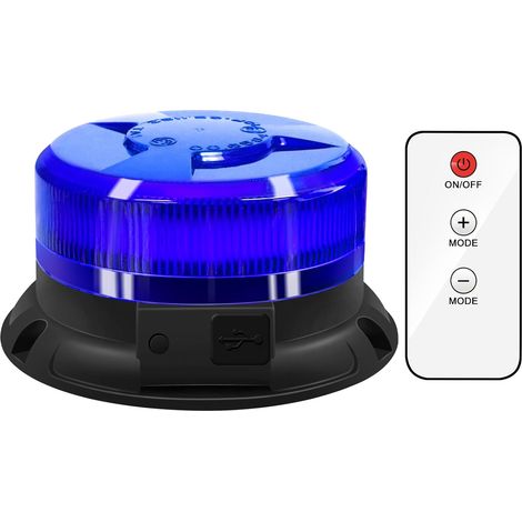 Wiederaufladbare, kabellose LED-Rundumleuchte mit Fernbedienung, 12–24 V, blaues magnetisches Blinkwarnlicht, 9 Blinkmodi, für Golfwagen, Geländefahrzeuge, Autos und Busse