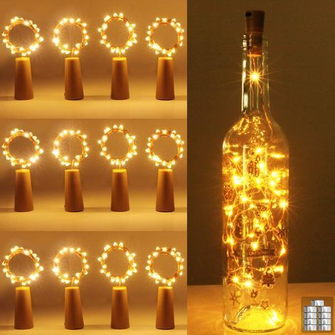 AIDUCHO Juego de 12 guirnaldas de luces para botellas, 20 LED, 2 m, blanco cálido, cable de cobre para botellas de vino, guirnaldas de luces de corcho para decoración navideña, iluminación ambiental (1/5)