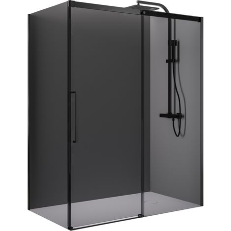 Eckdusche Bernstein DX906 FLEX mit Soft-Close Schiebetür - 8 mm Nano Graues Glas, Schwarz matt, Schiebetür 100 cm, Seitenwand 80 cm