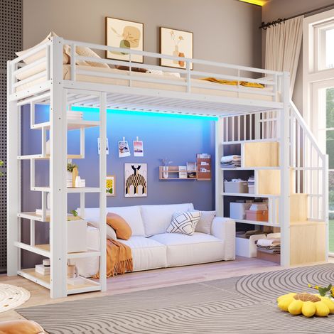 Lit mezzanine enfant 90x200cm en métal avec éclairage LED,marches intégrées,Rangement à plusieurs niveaux,barrière,cadre de lit superposé simple,Blanc (1/5)