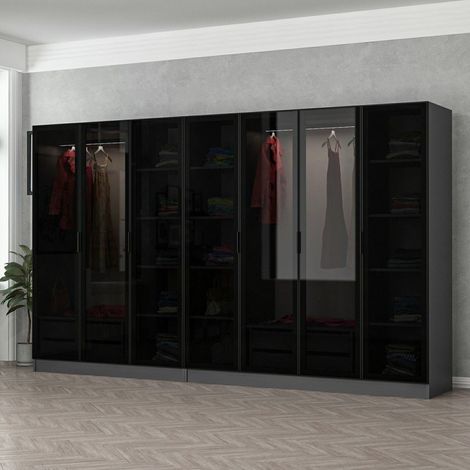 Guardaroba Grande Prunettos, Armadio Camera da Letto Appendiabiti, 14 Ripiani, 7 Ante, 315x210h cm Nero Antracite (1/5)