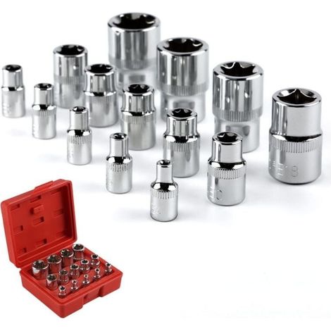 Douilles étoiles, 14 douilles étoiles E-Torx femelles Coffret de Douille Torx en Forme Etoile en Cr-V acier, 3 Spécifications 1/4", 3/8", 1/2", avec Boîte Pratique (1/4)