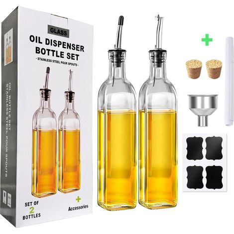 Set di due bottiglie per olio - Set dispenser per olio - Bottiglia per olio d'oliva - Bottiglia per olio da cucina - Bottiglia trasparente per spezie - 500 ml - Trasparente - Vetro (1/5)