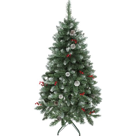 Árbol de Navidad de interior, 150 cm de altura, con 398 ramas, piñas y bayas rojas, base de metal, verde (1/5)
