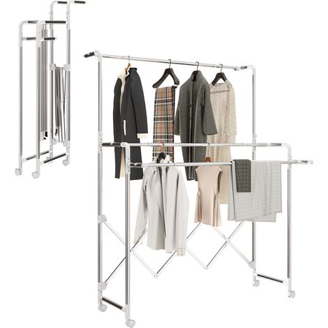Stendibiancheria pieghevole da interno con 3 barre regolabili e 4 ruote, 104-150 x 103 x 145-197 cm, argento