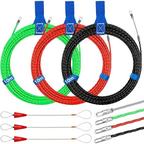 3 Piece Electrician Needle, 10 m Electric Wire Puller, 4 mm Diameter Needle Puller, Electric Pull Cable with 6 Flexible Guide Heads, Cable Needle, Green, Red, Black, Blue (1/5)