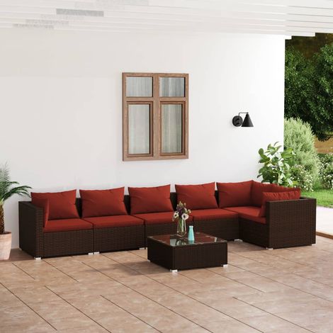 7-tlg. Garten-Lounge-Set mit Kissen Poly Rattan Braun (1/5)