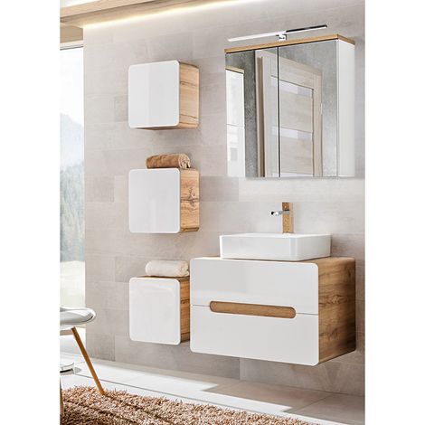 Badmöbel Waschplatz Set Hochglanz weiß, Wotan Eiche Nb. LUTON-56 Keramik-Waschtisch B/H/T ca. 130/200/46 cm (1/5)