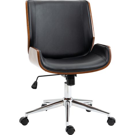 Sedia da Ufficio Vintage Imbottita, in Finta Pelle, Legno e Acciaio, 53x60x86-96 cm, Nero e Marrone Scuro
