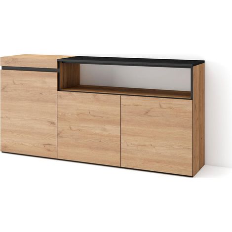 Skraut Home Credenza, Mobile, Cucina Madia, mobile ingresso 150x75x35cm 3 Porte grande stoccaggio Stile moderno Rovere e nero (1/5)