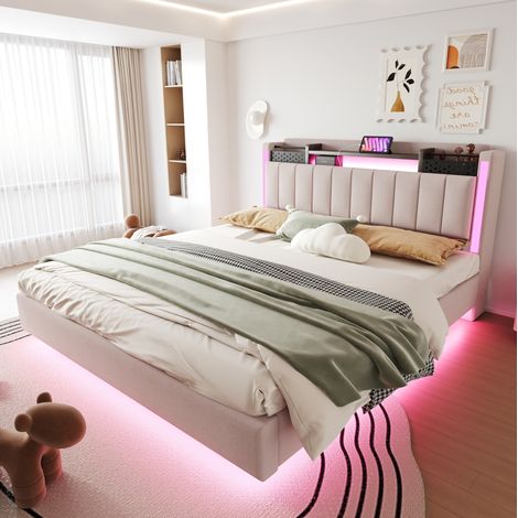 Cama doble 160x200 cm con LED y USB, cabecero con almacenaje, beige, lino FloraGrace (1/5)