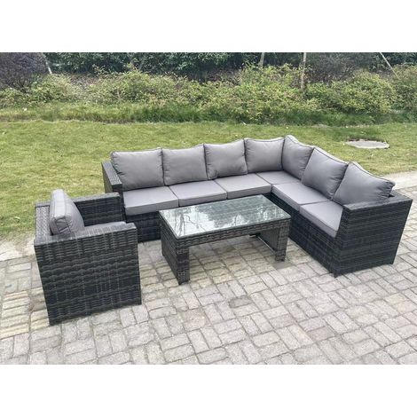 Fimous 7 Seater Rattan Corner Sofa Lounge Sofa Set With Rectangular Coffee Table With Arm Chair Dark Grey Mixed (1/5)