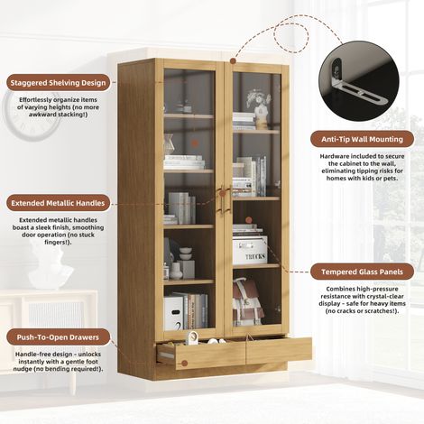 Glasvitrine (Büroschrank/Bücherregal/Aktenschrank/Aufbewahrungsregal) – Versetzte, nicht verstellbare Fachböden, grifflose Push-To-Open-Schubladen, 8040160 cm, Holzfarbe (1/5)