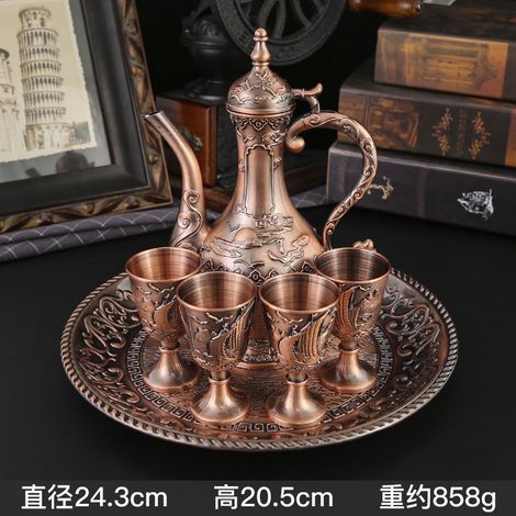 (Bronze rouge antique) Coffret flasque à vin en métal avec verres à vin blanc (verre individuel) (1/5)