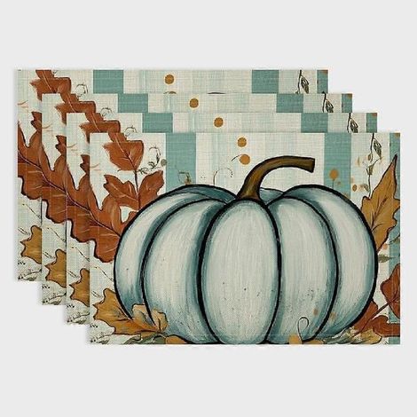 Ensemble de 4 sets de table en lin à rayures et motifs de feuilles de citrouille Pratyus, idéal pour les fêtes d'anniversaire, Noël, les restaurants, les buffets et la décoration intérieure (45,7 x 30 (1/5)
