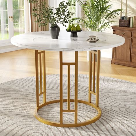 Neche – Table de salle à manger ronde 80x80 cm – 4 places – MDF moderne avec pieds en métal doré – Design épuré pour salon et cuisine